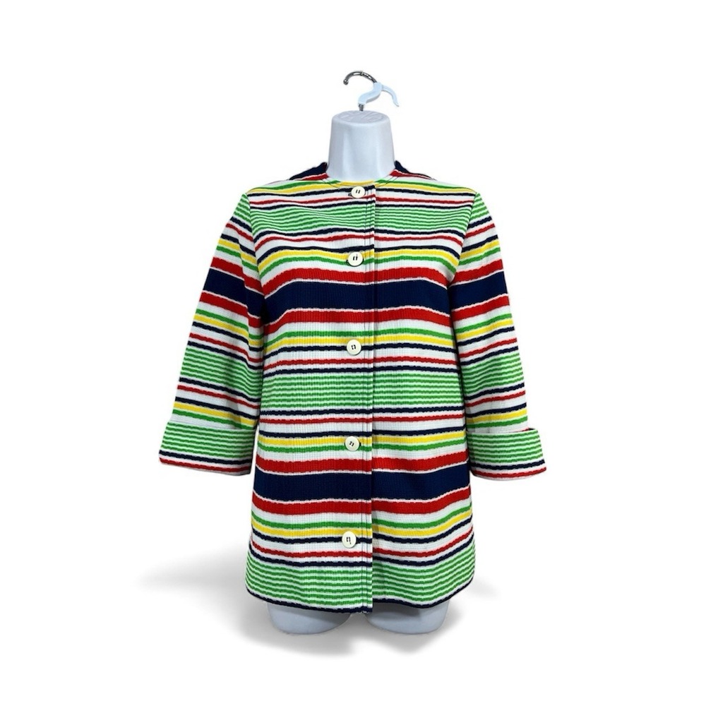 Vtg 60s De Saix Mod Stripe Double Knit Jacket Topper XS Rainbow Button Front‎